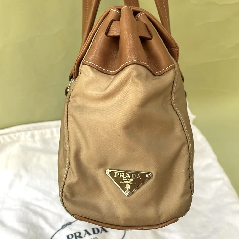 Vintage tan/silver Prada nylon/leather bag with dust bag